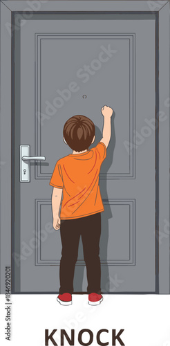 Little boy knocking on closed door with raised hand, waiting and request concept, childhood action and communication flat vector illustration