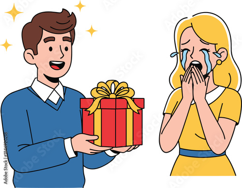 Man giving a beautifully wrapped gift to emotional crying woman, heartwarming surprise moment illustration perfect for celebration, romance, holidays, and special occasions