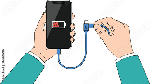 Low battery smartphone illustration showing hands connecting USB charging cable for emergency power, technology support, mobile device energy concept