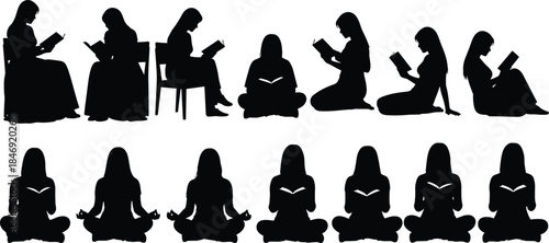 Set of vector silhouettes of girl reading book, sitting woman poses, female student studying in lotus position, black people shapes collection, isolated on white