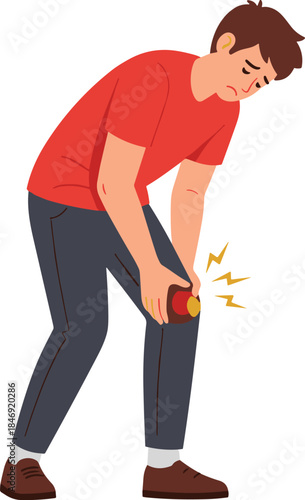 Man holding painful knee with injury highlight, joint pain and sports accident concept, healthcare problem illustration, flat vector style