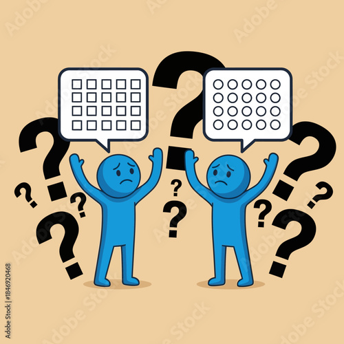 Confused blue characters surrounded by question marks expressing uncertainty