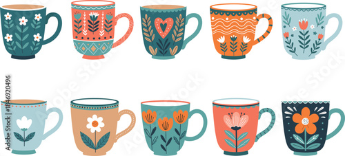 Charming vector set of colorful mugs and cups decorated with beautiful folk art floral, heart, and geometric patterns, ideal for cozy home decor, breakfast, tea, and coffee concepts.