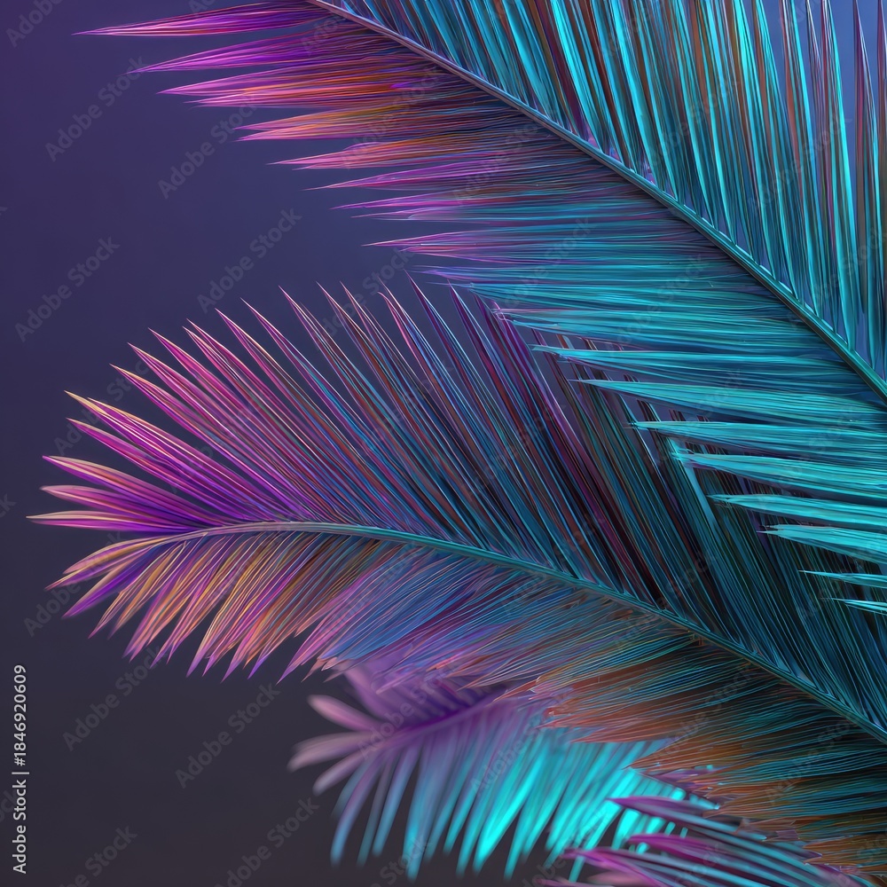 Obraz premium Close-up view of vibrant palm fronds, illuminated with neon purple, teal, and orange hues