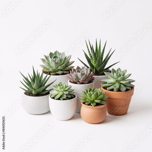 A colorful assortment of potted succulents arranged in modern white and terracotta planters