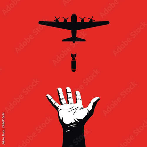 Dramatic illustration of hand stopping airplane from dropping bomb