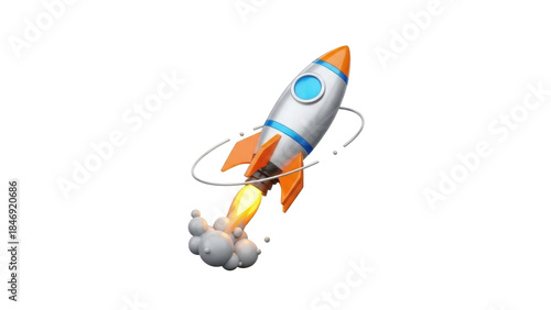 3D icon startup rocket launching, isolated on white background