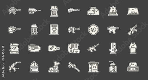 Collection of modern weapons and military equipment icons in white outline