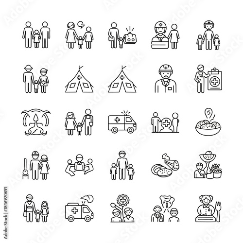 Minimalist line icons depicting family, medical care, and daily life