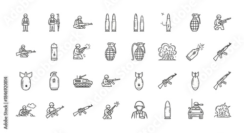 Military icons set with soldiers, guns, tanks, and explosives