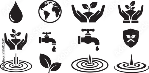 Water conservation and earth care icons set