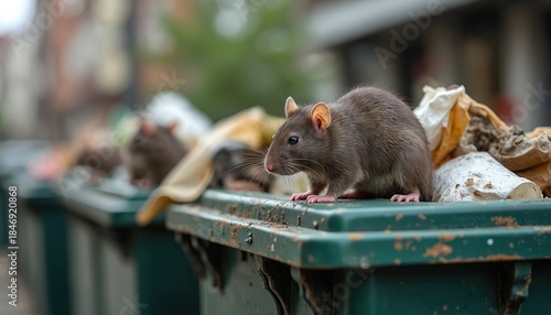 Brown rats rummage through overflowing garbage bins on a city street. Urban pests spread disease and unsanitary conditions due to poor waste management and pollution.
