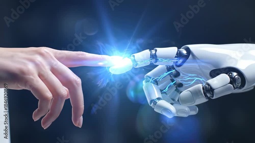 caucasian human hand touching white robot finger with glowing blue light. artificial intelligence and futuristic technology connection. cybernetic collaboration concept. science  background.
