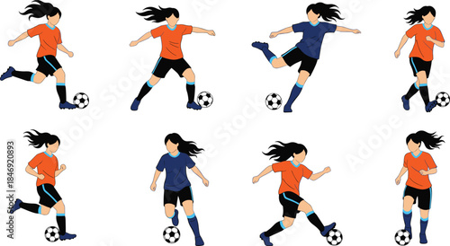 Comprehensive vector set of female soccer or football players in various dynamic action poses, illustrating running, kicking, dribbling, and scoring for sports-related designs and icons.