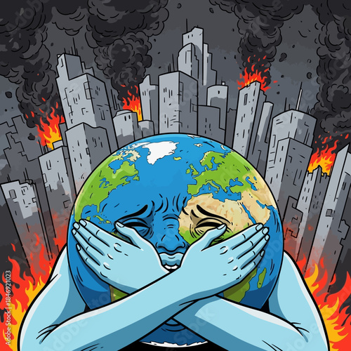 Earth personified with hands covering face amidst burning cityscape