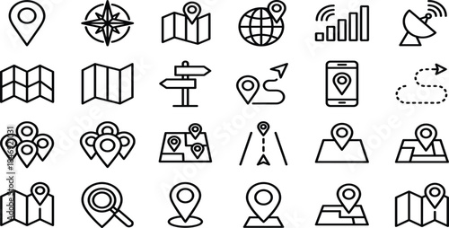 Essential GPS, Navigation, and Geographic Location Vector Line Icons Set, Including Map, Pin, Compass, Signal, and Route for Apps and Web.