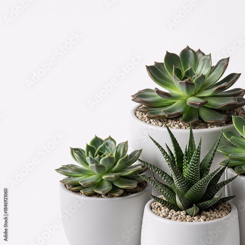 Modern succulent collection, echeveria and haworthia in white pots, copy space