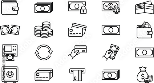 Essential Money, Cash, and Financial Transaction Vector Line Icons Set, Including Wallet, ATM, Credit Card, and Banknotes for Apps.