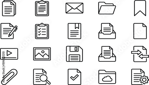 Modern Files, Documents, and Data Management Vector Line Icons Set, Including Paper, Folder, Storage, Search, and Video for Office.