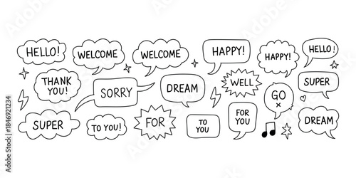 Collection of Greeting and Positive Words in Speech Bubbles text welcome