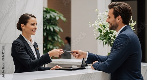 A cheerful female receptionist hands a key card to a smiling male guest at a hotel desk
