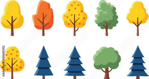 Stylized Cartoon Tree Vector Collection; Set of Yellow, Orange, and Green Deciduous Trees and Blue Conical Evergreen Pines for Nature and Landscape Design.