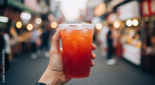 Hand holding cold refreshing red drink in plastic cup, street market bokeh background