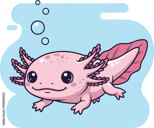 Cute pink axolotl swimming underwater with bubbles in a flat cartoon vector style. Perfect for children illustrations, stickers, educational materials, and playful digital designs