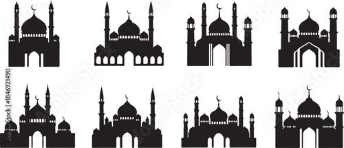 Eight black mosque silhouette vector icons