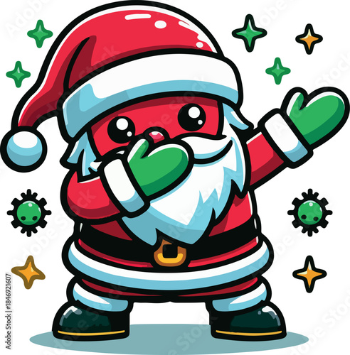 Santa Claus carrying gifts with Christmas tree and festive bag cartoon illustration