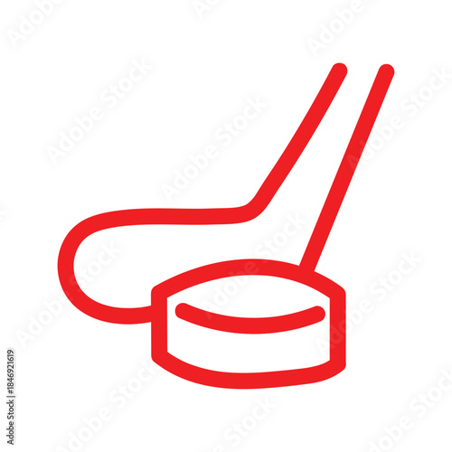 Red Hockey Stick and Puck Icon for Ice Sports