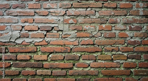 Grungy old brick wall texture, cracked stucco, peeling plaster, green moss