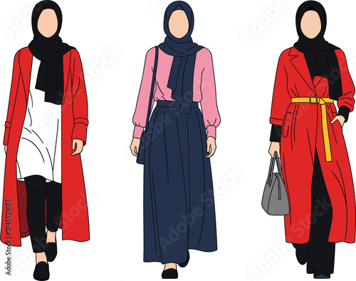 Striking vector illustration of three diverse women showcasing modern hijab fashion in bold red and black outfits, reflecting confidence, contemporary style, and global cultural identity trends