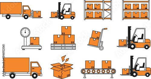 Essential vector icon set illustrating logistics, warehousing, shipping, and supply chain operations, featuring trucks, forklifts, conveyor belts, shelving, and delivery boxes for industry concepts.