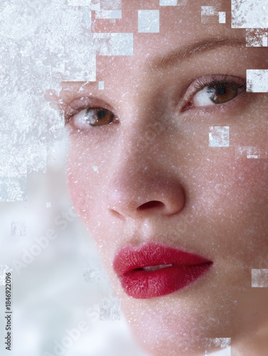 Close-up of a young Caucasian woman with light brown hair and red lips. The background features a blurred, snowy texture with geometric shapes.