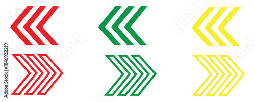 Chevron Directional Arrows: Solid and Outline Tripled Chevrons in Red, Green, and Yellow for Navigation and Warning.