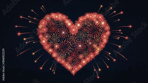 Vibrant heart shaped fireworks exploding in night sky with sparkling red and orange lights
