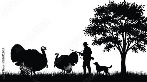 Silhouette vector illustration of a turkey hunter with a shotgun and dog, stalking two wild gobblers near a tree, outdoors wildlife hunting season background.