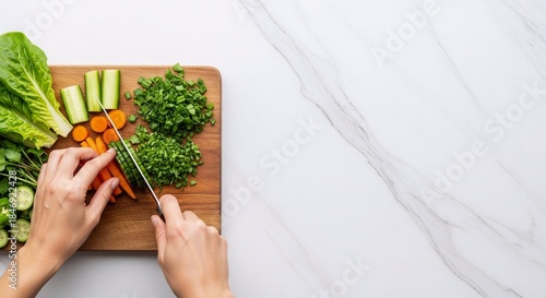 Hands cutting fresh vegetables for salad, healthy food preparation, cooking process