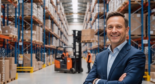 Smiling business executive in suit, modern logistics warehouse background