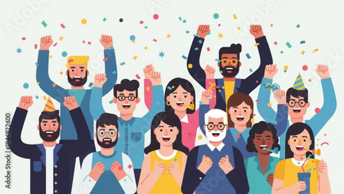 Diverse group of people celebrating with raised hands and confetti in background festive atmosphere