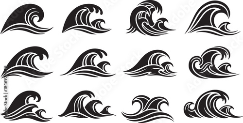 Twelve stylized black ocean wave icons