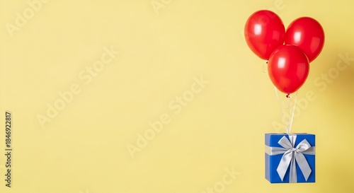 Blue gift box floating with red balloons, birthday, holiday celebration background