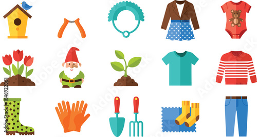 Diverse vector icon set featuring flat design elements for gardening, baby apparel, and casual clothing, including birdhouses, gnomes, boots, t-shirts, and overalls for multiple design concepts.