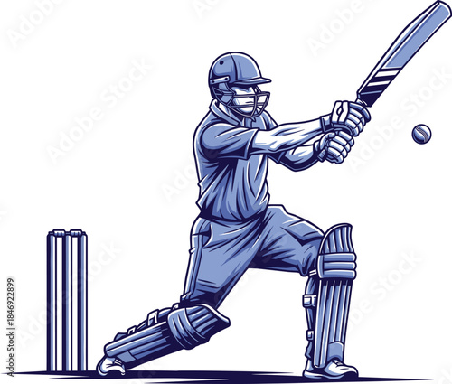 Dynamic vector illustration of a cricket batsman powerfully driving the ball in a full action pose, ideal for sports, competition, athleticism, and game-related designs.