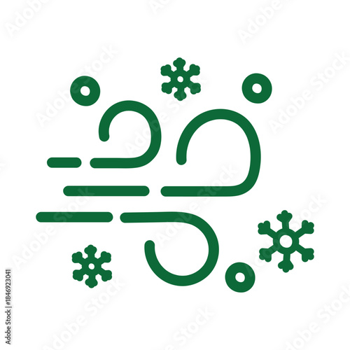 Green Icon of Wind, Snow, and Snowflakes, Winter Weather Symbol