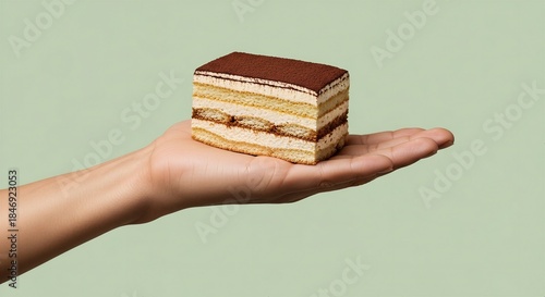 Hand holding delicious Tiramisu dessert slice, layered Italian cake, sweet food
