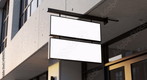 Double blank projecting signs mockup, modern building facade advertising, retail signage