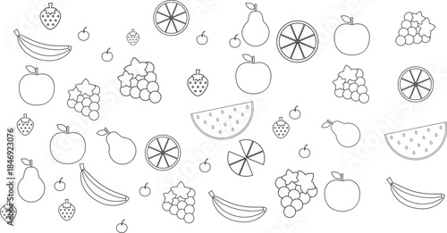 A collection of various fruit illustrations in a simple line drawing style