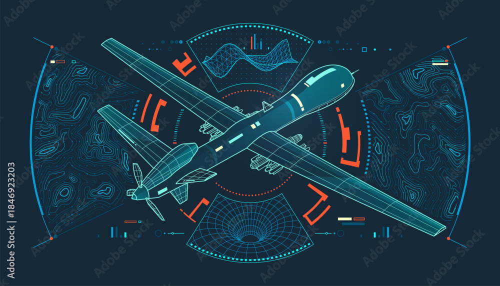 Fototapeta premium concept of modern warfare technology or aerospace engineering, graphic of military drone with topographic map and wireframe texture elements as interface